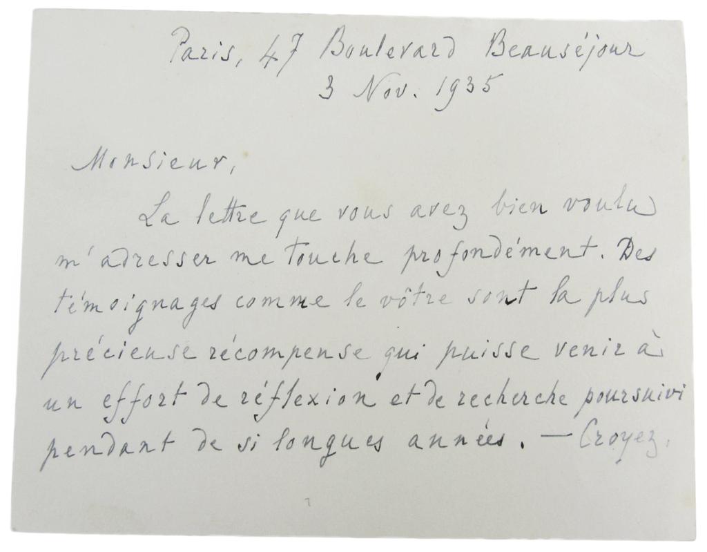 Appraisal: Bergson Henri ALS thanking an unnamed male recipient for his