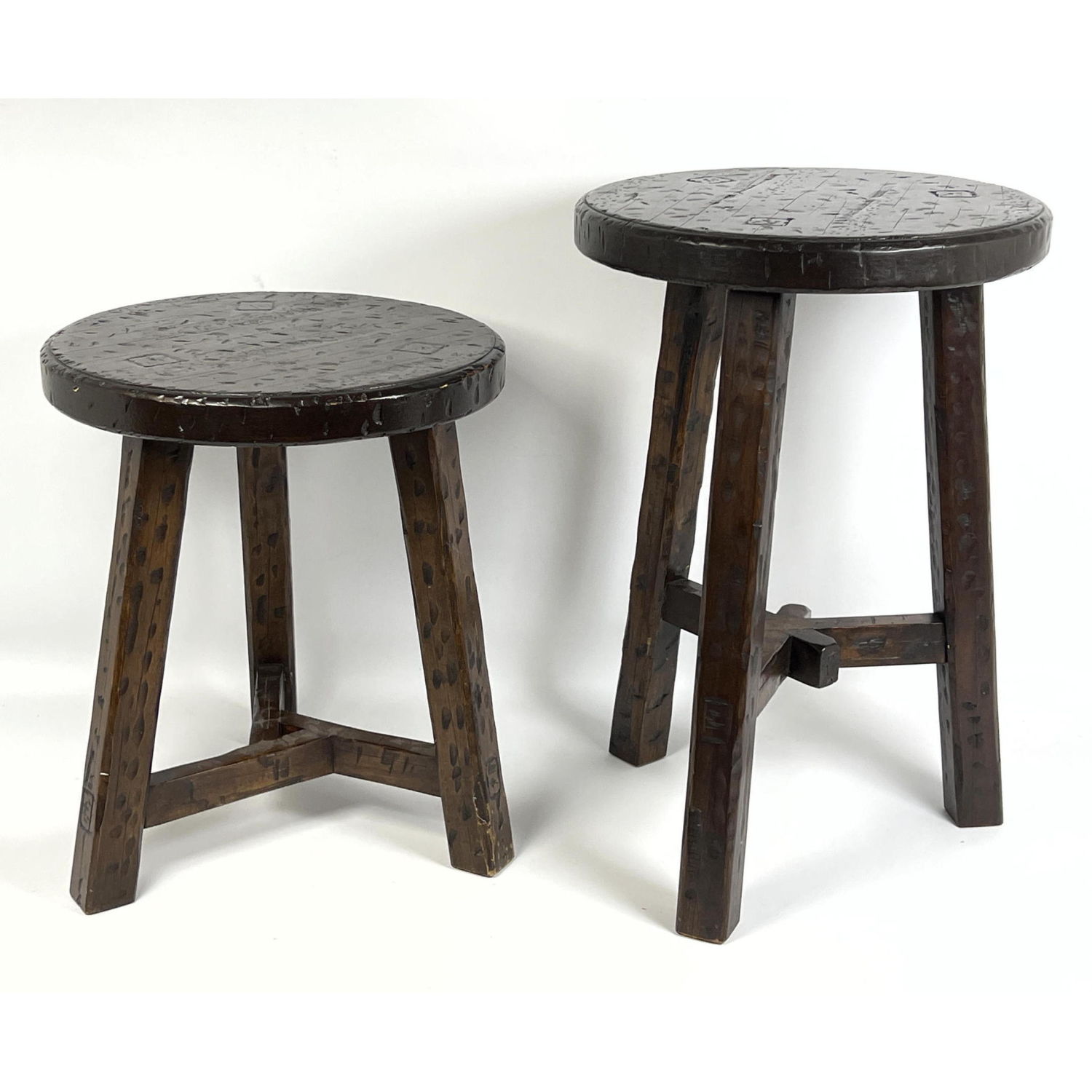 Appraisal: pcs OUTLOOK Three Legged Stools Intentionally distressed finish Primitive style