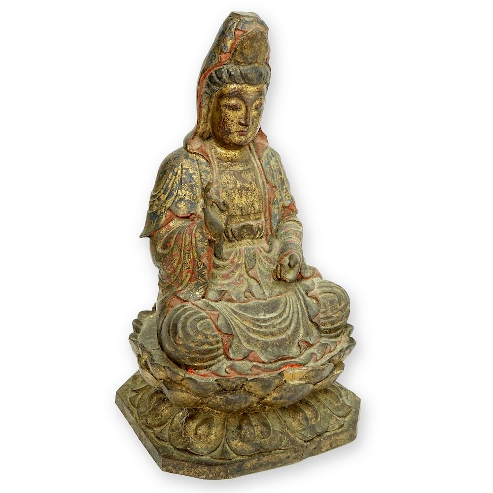 Appraisal: Chinese Polychrome Carved Wood Seated Guanyin Large Chinese Polychrome Carved