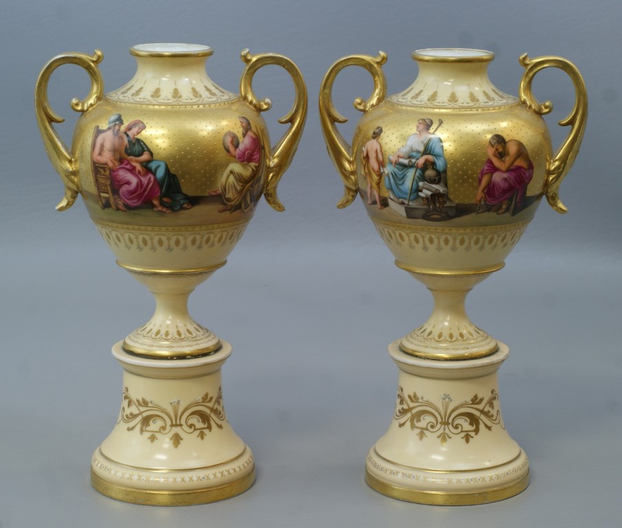 Appraisal: Pr Franz Dorfel Royal Vienna porcelain urns HP classical scenes