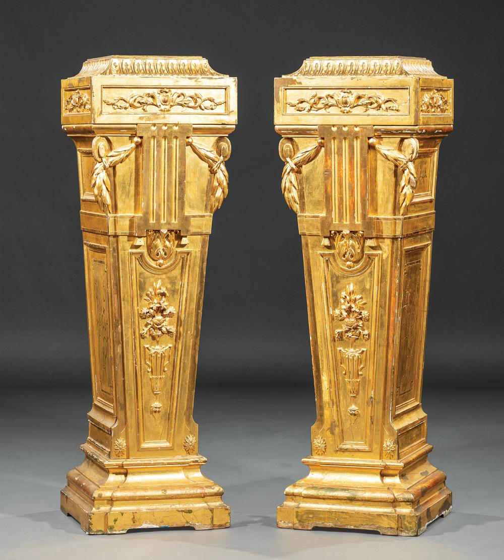 Appraisal: Pair of Antique Louis XVI-Style Carved and Gilded Pedestals foliate-molded