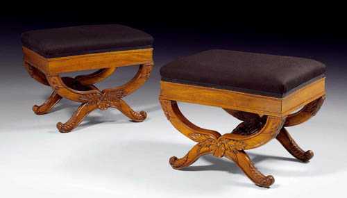 Appraisal: PAIR OF CARVED MAHOGANY STOOLS AUX VOLUTES late Restauration Paris