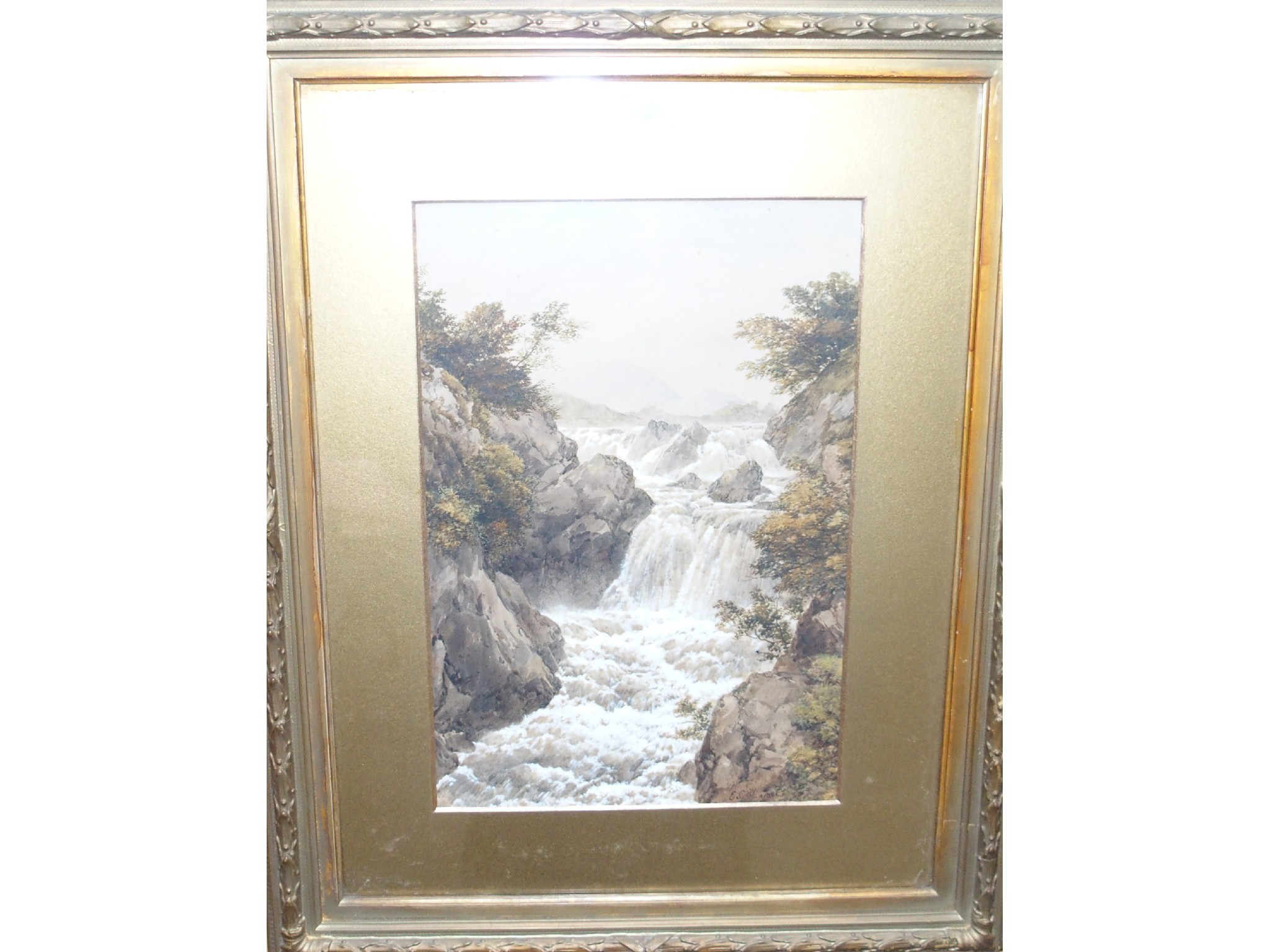 Appraisal: E GILL Highland waterfall signed and dated watercolour George Jennings