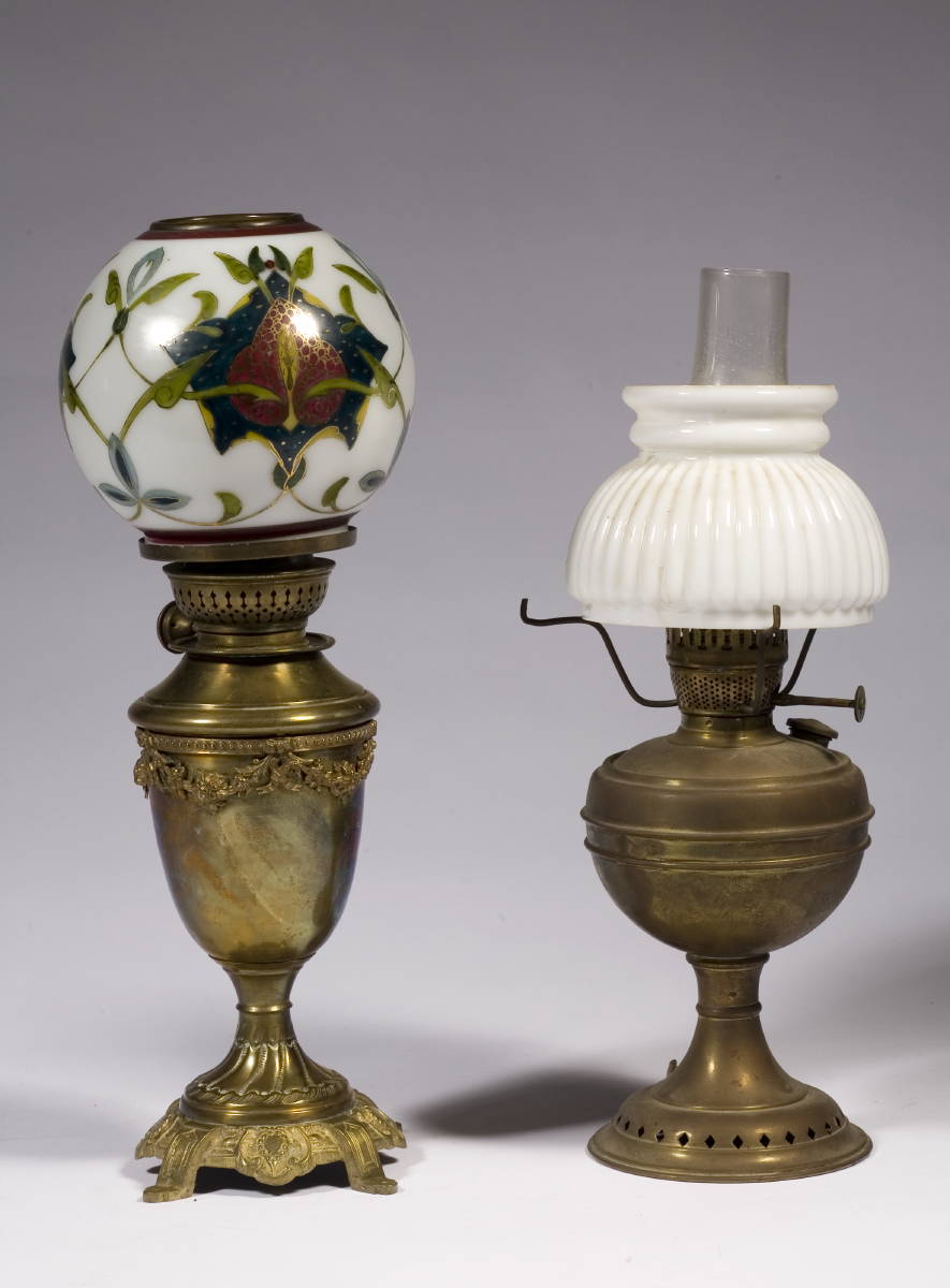 Appraisal: TWO MINIATURE BRASS LAMPS WITH GLASS SHADES Height of tallest