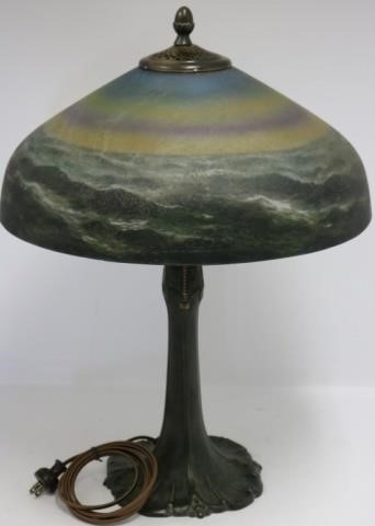 Appraisal: EARLY TH C PITTSBURGH REVERSE PAINTED LAMP SHADE DEPICTS OCEAN