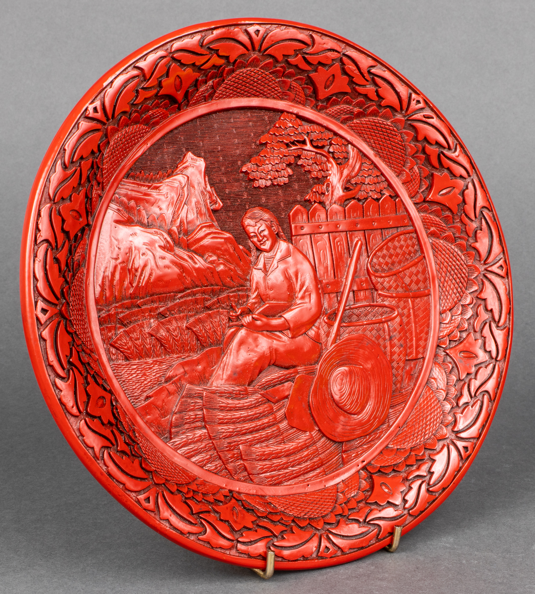 Appraisal: CHINESE QING DYNASTY CARVED RED LACQUER PLATE Chinese carved cinnabar-red