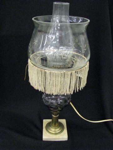 Appraisal: Victorian Lamp amethyst cut-to-clear marble base etched shade fancy beaded