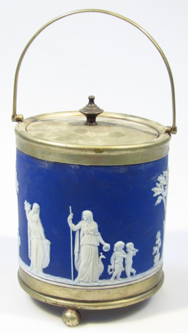 Appraisal: A thC Wedgwood blue Jasperware biscuit barrel with plated mounts