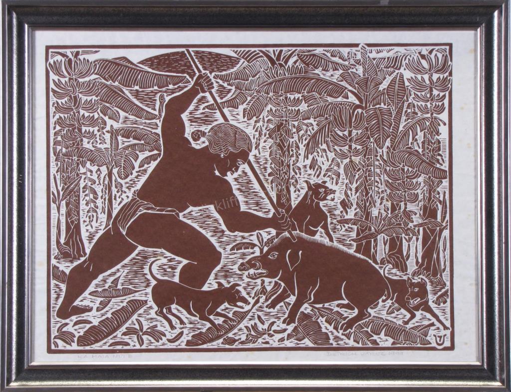 Appraisal: A wood cut old Hawaiian scene Ka Maia Nuie depicting