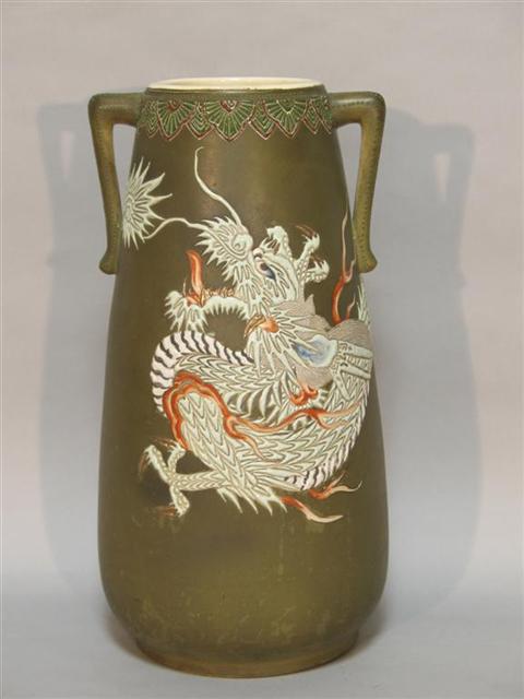 Appraisal: JAPANESE EARTHENWARE TWO-HANDLED VASE Meiji period th century of tapering