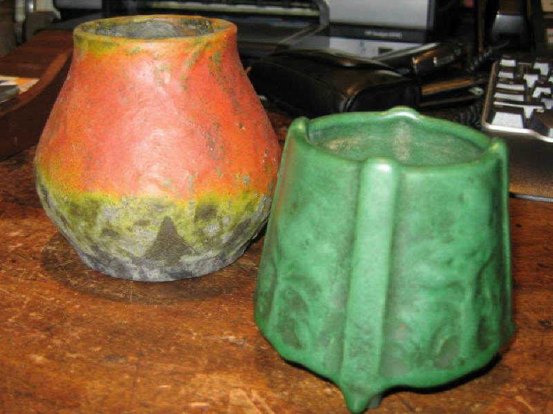 Appraisal: TWO AMERICAN ARTS CRAFTS POTTERY VASES tapering vessel on four