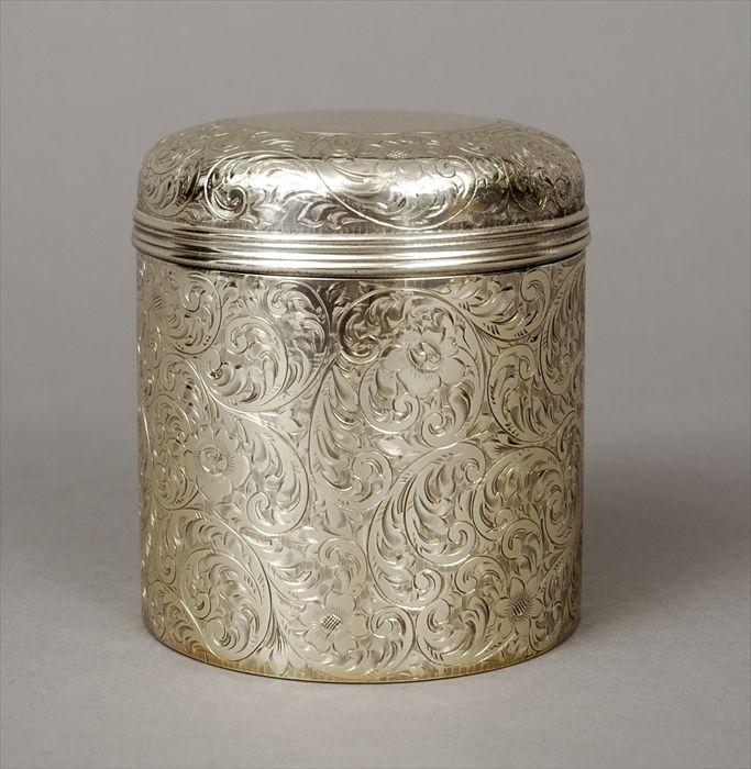 Appraisal: Tiffany Co Sterling Silver Dresser Jar with Engraved Decoration in