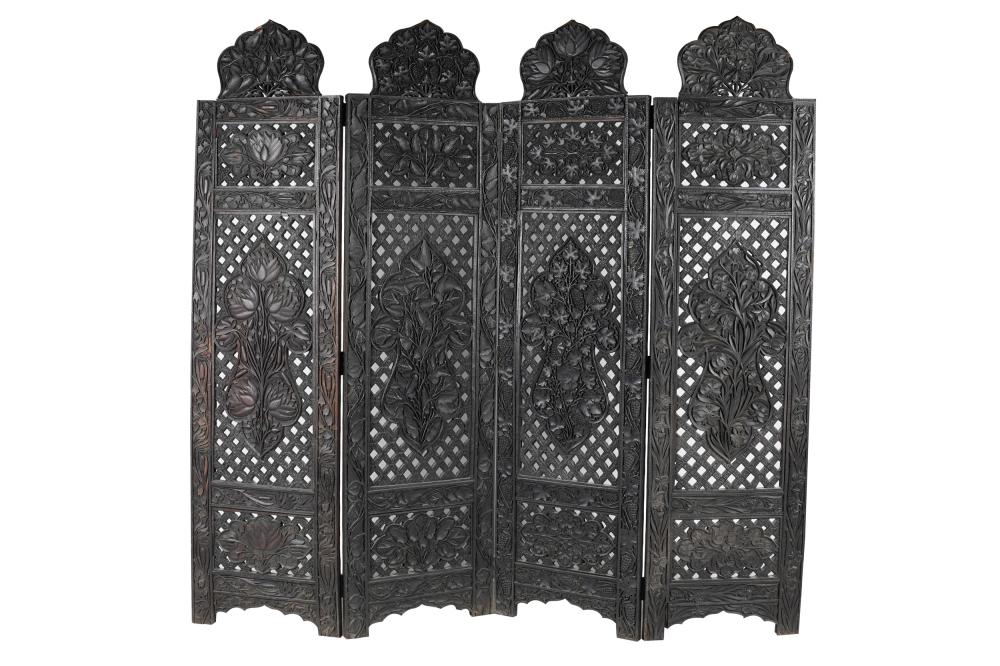 Appraisal: CARVED PIERCED WOOD FOUR-FOLD SCREENwith ebonized finish each panel inches