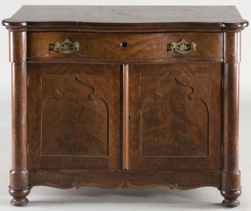 Appraisal: American Gothic Console Cabinet mid- th century figured mahogany veneers