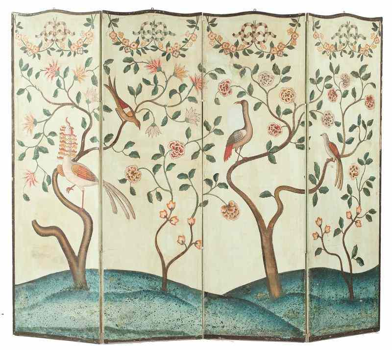 Appraisal: French Painted Four Panel Floor Screen th century canvas on