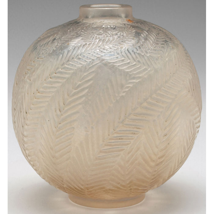 Appraisal: Rene Lalique Palmes vase bulbous form in white frosted glass