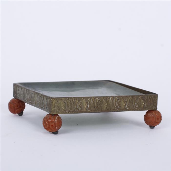 Appraisal: Chinese jade tray in ormolu mount with carved carnelian ball