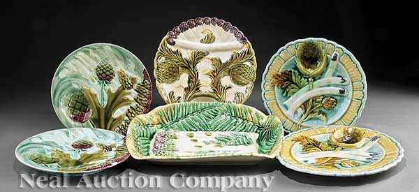 Appraisal: Five Antique French Majolica Artichoke and Asparagus Plates and an