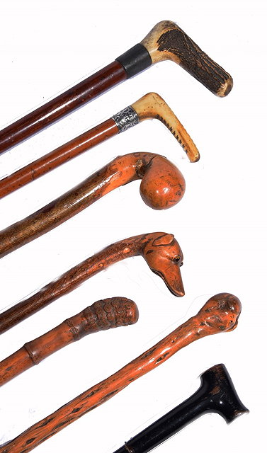 Appraisal: A COLLECTION OF SIX WALKING CANES and a riding crop