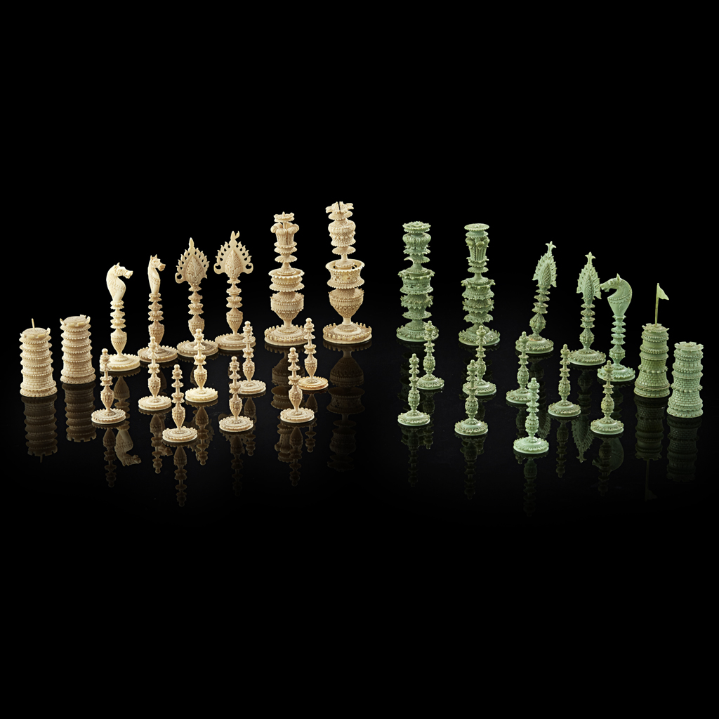 Appraisal: YANGELO-INDIAN GREEN AND WHITE IVORY CHESS SET VIZAGAPATAM TH CENTURY