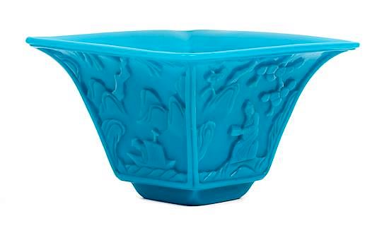 Appraisal: A Turquoise-Blue Peking Glass Square Bowl Height inches A Turquoise-Blue