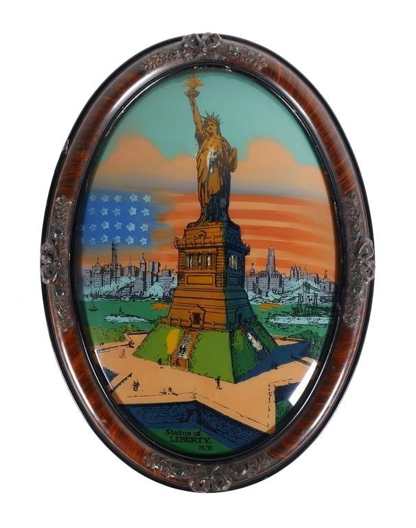 Appraisal: Reverse print with hand painting on convex glass showing the