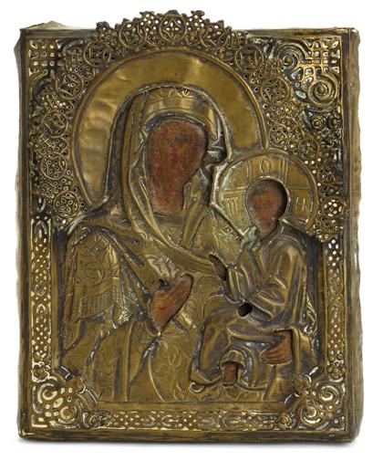 Appraisal: Russian brass oklad icon depicting The Virgin and Child late