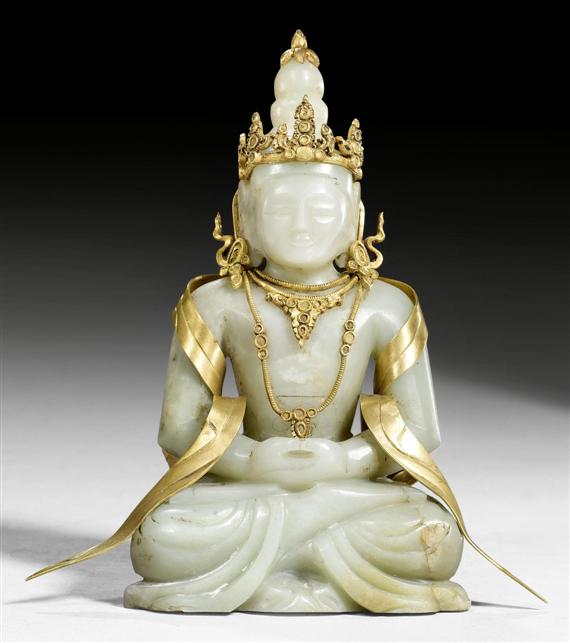 Appraisal: A CELADON JADE FIGURE OF AMITHABA ADORNED WITH GILT JEWELLERY