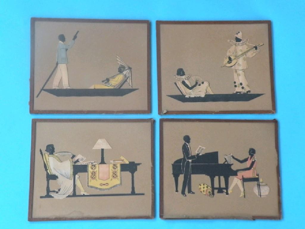 Appraisal: A set of four Bobella silhouettes painted with figures in