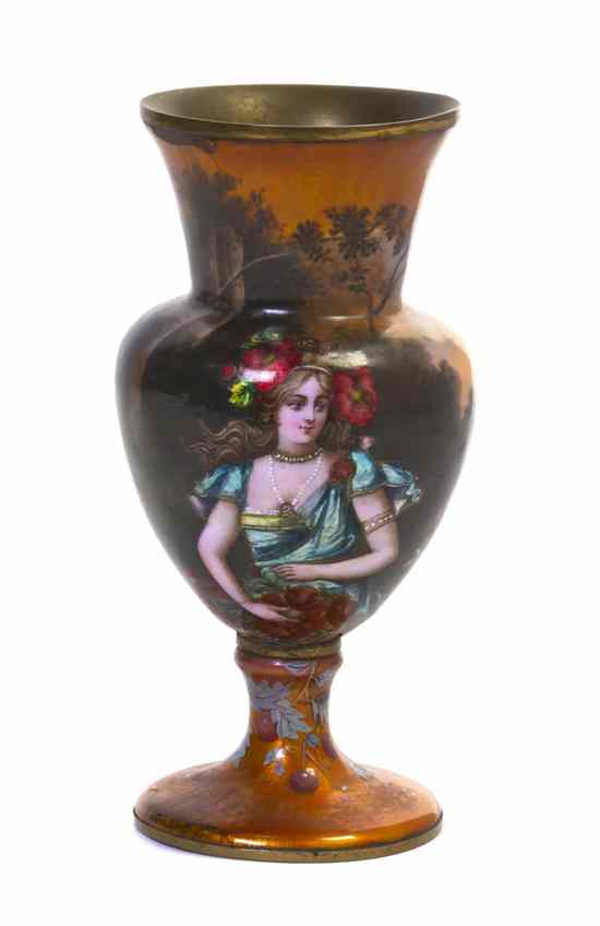 Appraisal: A French Enameled Vase of flared baluster form depicting a