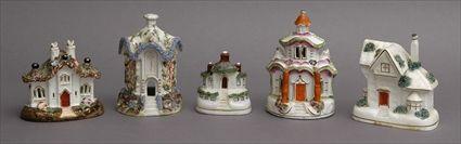 Appraisal: FIVE STAFFORDSHIRE COTTAGE PASTILLE BURNERS Four of center hall form