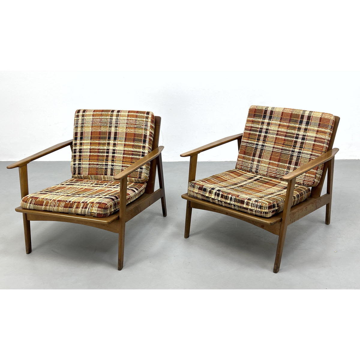 Appraisal: Pr Open Arm Slat Back Lounge Chairs Plaid Upholstery Made