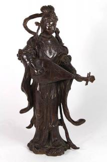 Appraisal: Japanese Patinated Bronze Kannon Japanese patinated bronze Kannon Guanyin playing