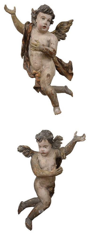 Appraisal: Pair of Italian German Painted Cherubs carved wood gesso and