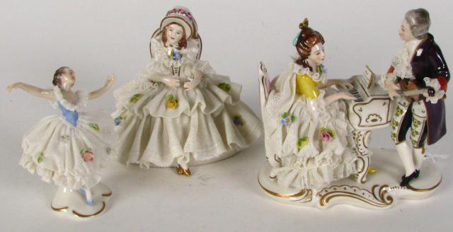 Appraisal: Group of three Dresden type figures all with Dresden lace