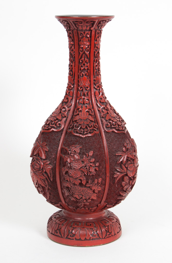 Appraisal: Chinese red cinnabar lacquer vase melon form with floral relief