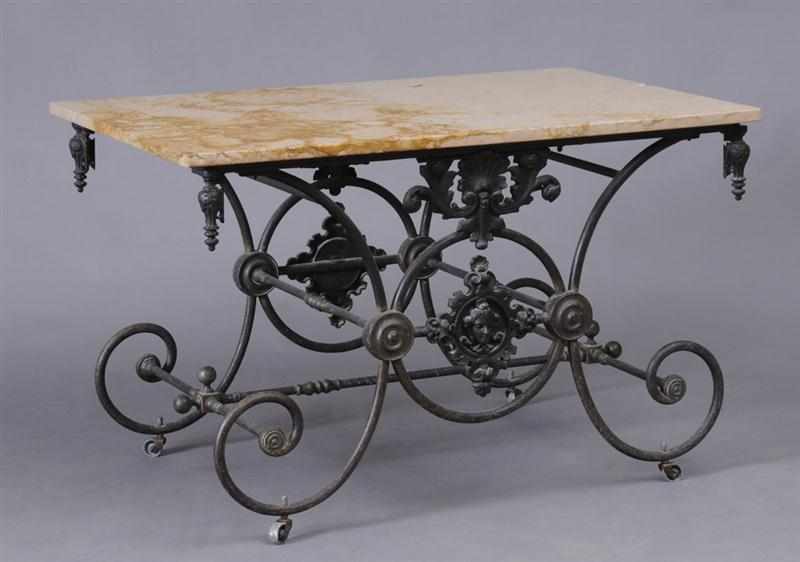 Appraisal: FRENCH WROUGHT-IRON BAKER'S TABLE With a rectangular marble top raised