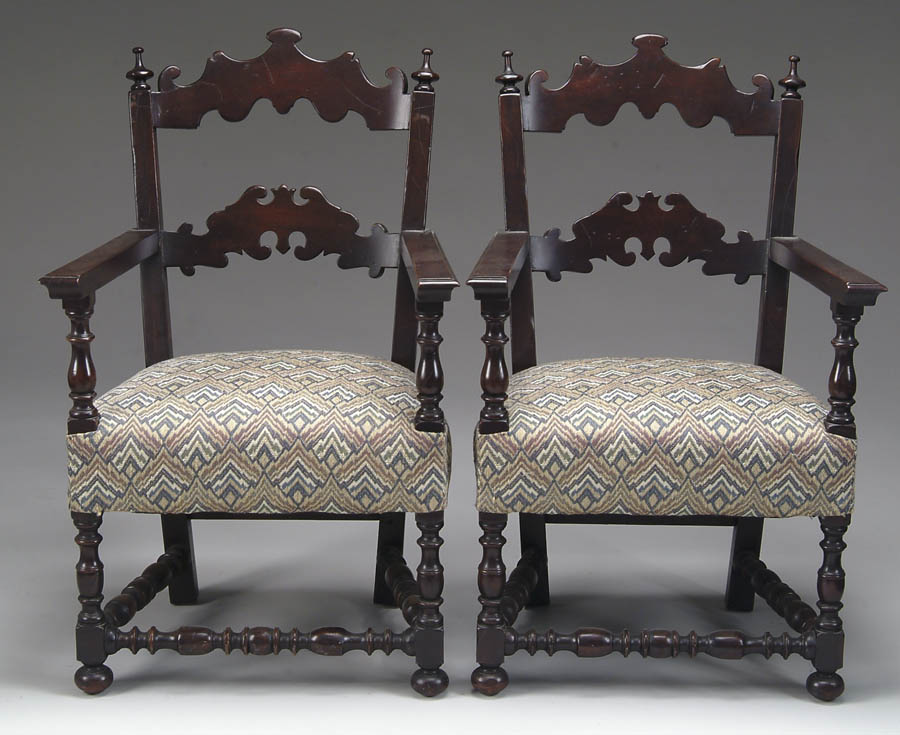 Appraisal: PAIR OF WILLIAM MARY STYLE ARMCHAIRS Each having over upholstered