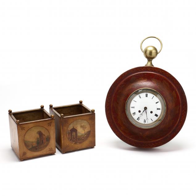 Appraisal: A PAIR OF CONTINENTAL TOLEWARE CACHEPOTS AND TOLE WALL CLOCK