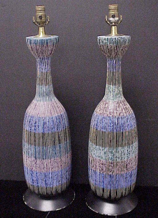 Appraisal: Pair mid th C pottery table lamps glazed with polychrome