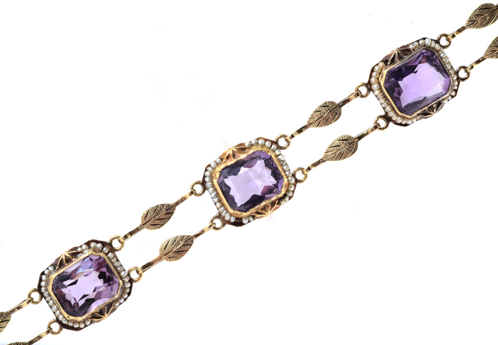 Appraisal: ANTIQUE EDWARDIAN AMETHYST AND SEED PEARL BRACELET k yellow gold