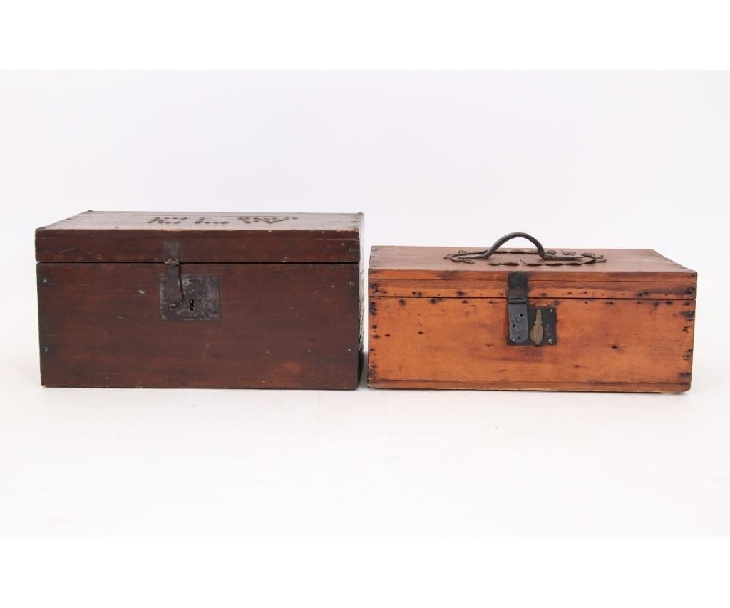 Appraisal: Two pine boxes th c one with original wallpaper interior