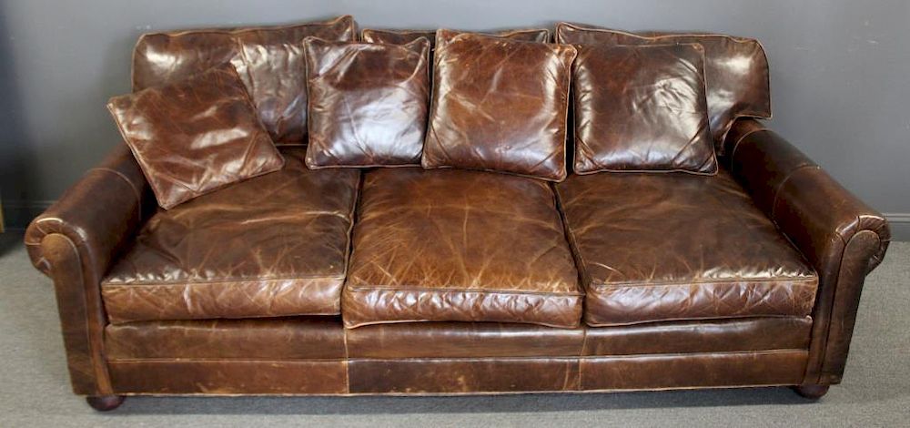 Appraisal: Vintage Restoration Hardware Leather Sofa From an East Hampton L