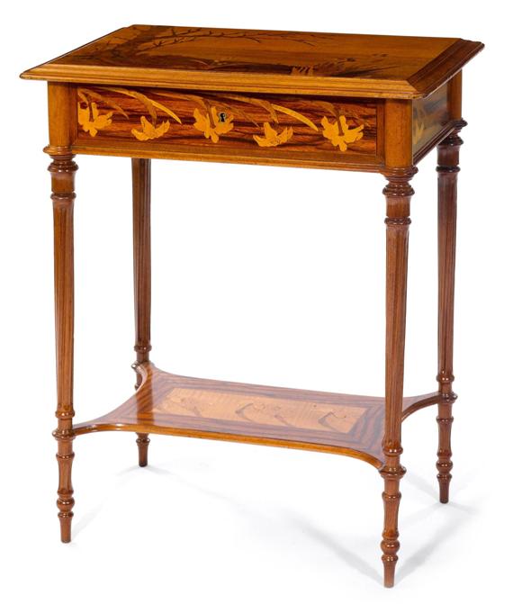 Appraisal: GALLE EMILE style of SMALL WORK TABLE Fruitwood with marquetry