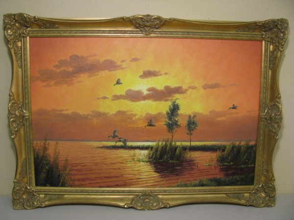 Appraisal: Bright twilight sunset on a lake backdrop with Mallard ducks