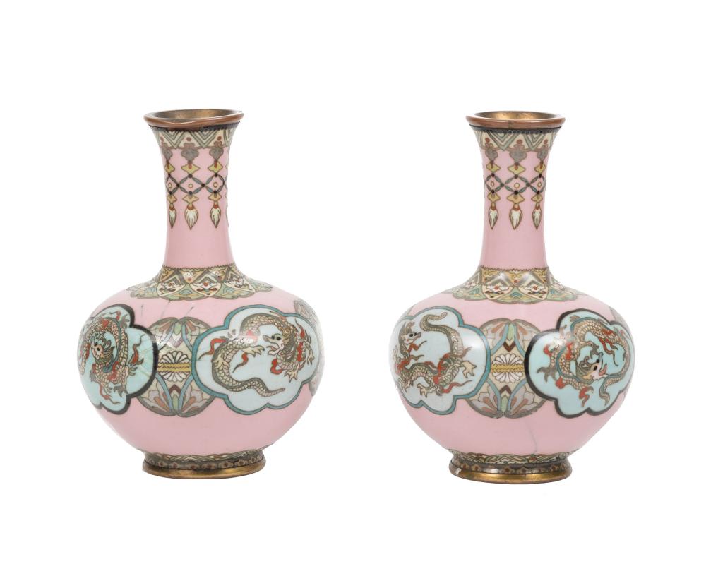 Appraisal: Pair of Japanese Cloisonne Enamel Vases Meiji Period - decorated