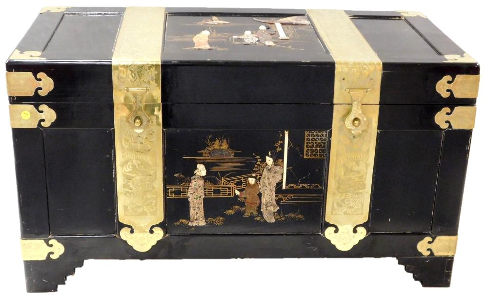 Appraisal: ASIAN Asian black lacquer storage chest with brass straps and