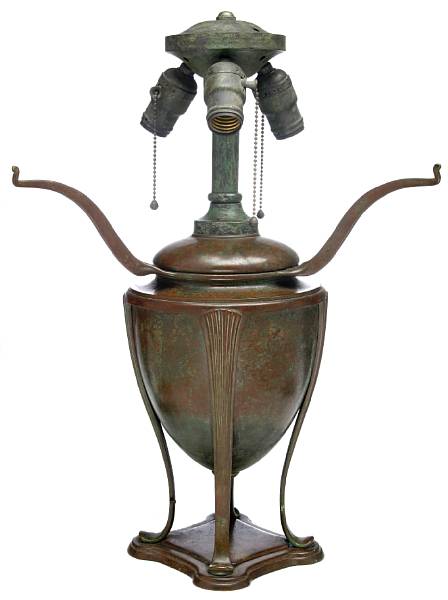 Appraisal: A Tiffany Studios patinated-bronze urn-form lamp base model - green-brown