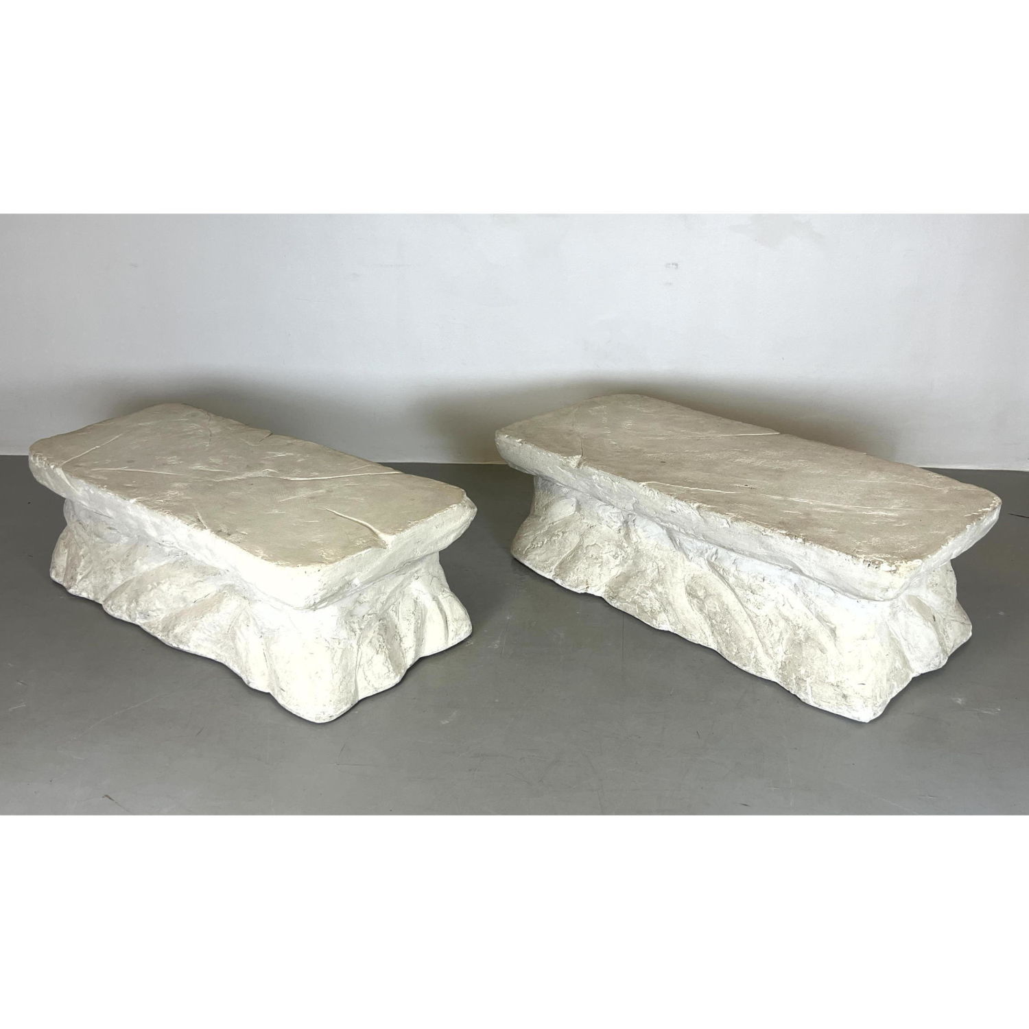 Appraisal: Pair Sirmos Style Rough Hewn Plaster Bench Tables Dimensions H