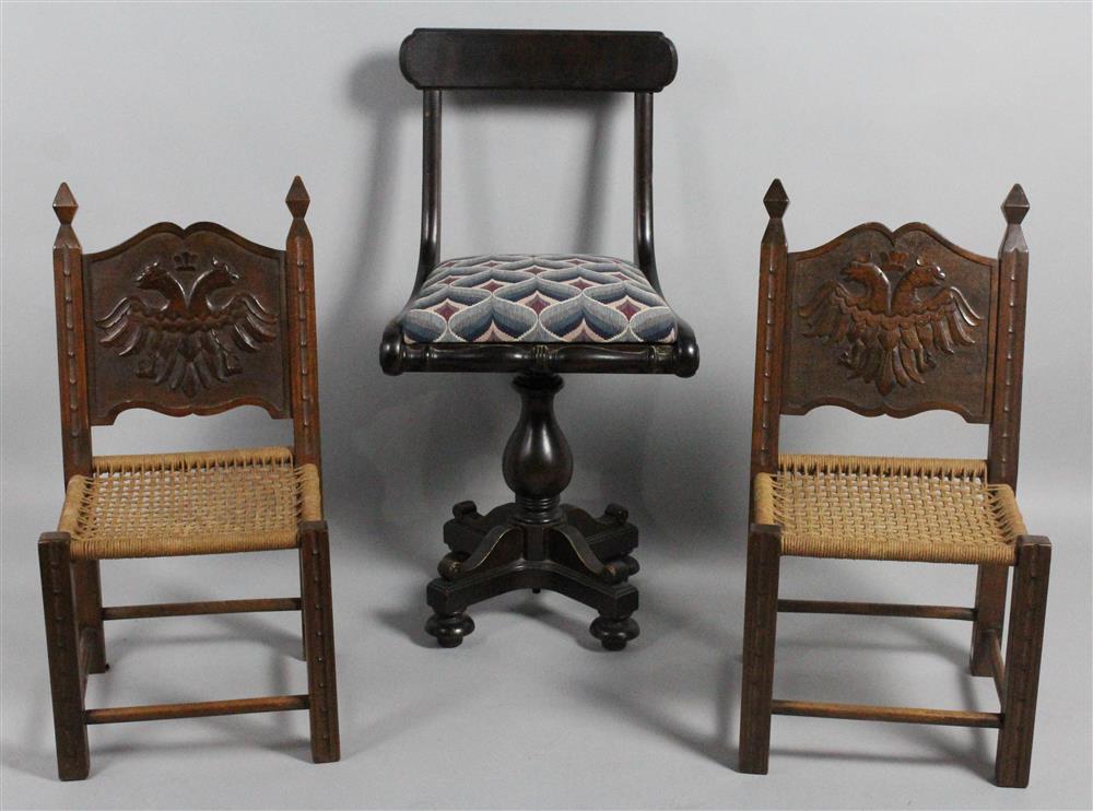 Appraisal: PAIR OF CARVED OAK HERALDIC CHILDREN'S CHAIRS TOGETHER WITH A